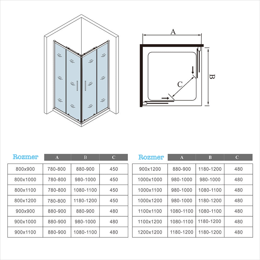 Sprchový kút s posuvnými dverami, obdĺžnikový dizajn, 6mm NANO sklo, chrómový rám, rôzne veľkosti a nastaviteľné rozmery