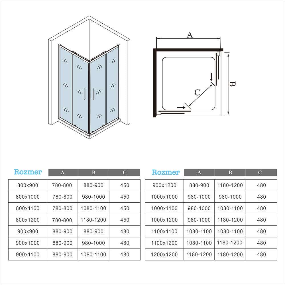 Obdĺžnikový sprchový kút s posuvnými dverami, 6mm NANO číre sklo, chrómové profily, výška 195cm, moderný dizajn pre kúpeľne