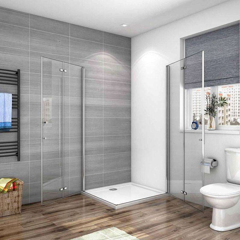 Sprchový kút 80x80 cm so štvorcovým dizajnom, zalamovacími dverami, čírym 6mm NANO sklom a chrómovým povrchom, ideálny pre moderné kúpeľne.