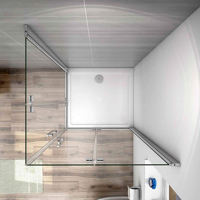 Sprchový kút 80x80 cm so štvorcovým dizajnom, zalamovacími dverami, čírym 6mm NANO sklom a chrómovým povrchom, ideálny pre moderné kúpeľne.