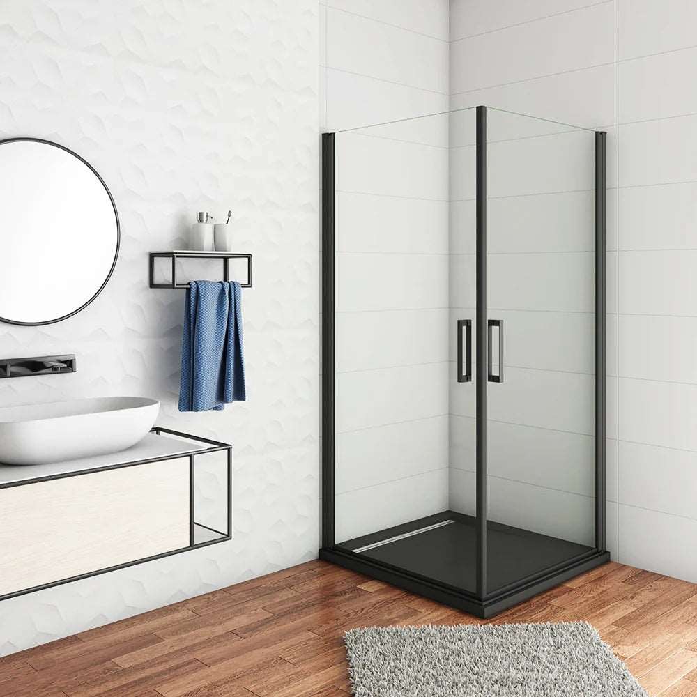 Štvorcový sprchový kút s čiernym rámom, jednokrídlové dvere, veľkosť 80x80 až 100x100 cm, 8mm NANO číre sklo, výška 200 cm, moderný dizajn