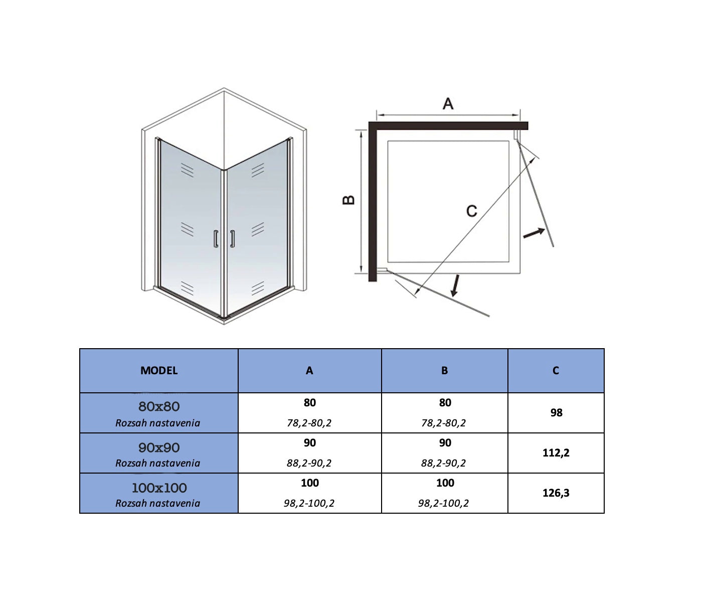 Štvorcový sprchový kút s čiernym rámom, jednokrídlové dvere, veľkosť 80x80 až 100x100 cm, 8mm NANO číre sklo, výška 200 cm, moderný dizajn