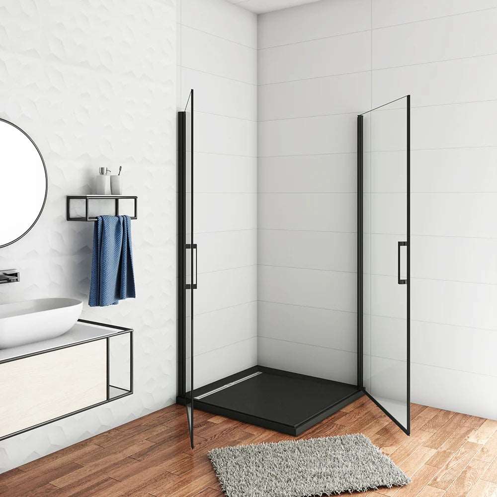 Štvorcový sprchový kút s čiernym rámom, jednokrídlové dvere, veľkosť 80x80 až 100x100 cm, 8mm NANO číre sklo, výška 200 cm, moderný dizajn