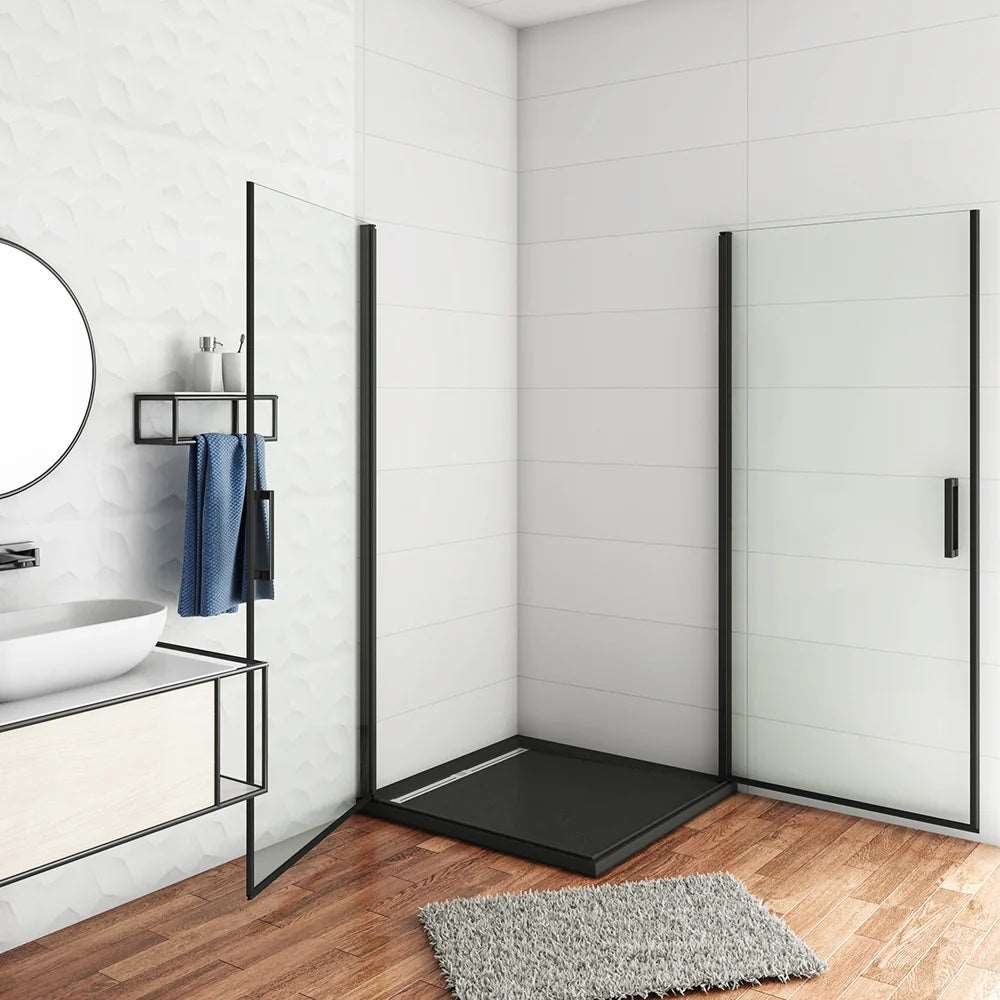 Štvorcový sprchový kút s čiernym rámom, jednokrídlové dvere, veľkosť 80x80 až 100x100 cm, 8mm NANO číre sklo, výška 200 cm, moderný dizajn