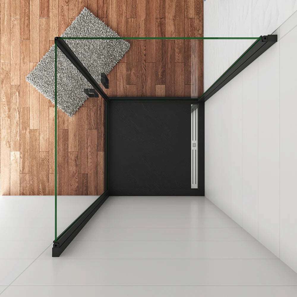 Štvorcový sprchový kút s čiernym rámom, jednokrídlové dvere, veľkosť 80x80 až 100x100 cm, 8mm NANO číre sklo, výška 200 cm, moderný dizajn