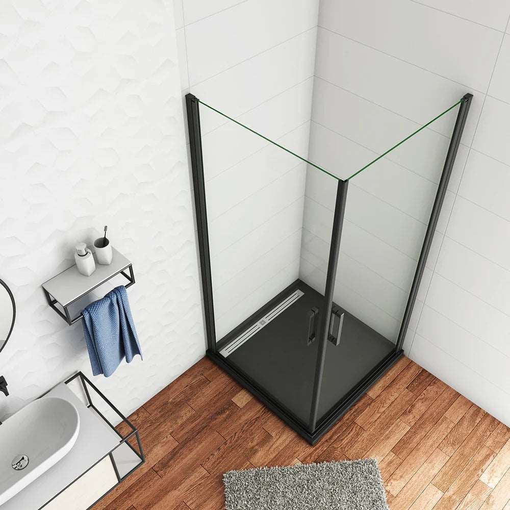Štvorcový sprchový kút s čiernym rámom, jednokrídlové dvere, veľkosť 80x80 až 100x100 cm, 8mm NANO číre sklo, výška 200 cm, moderný dizajn