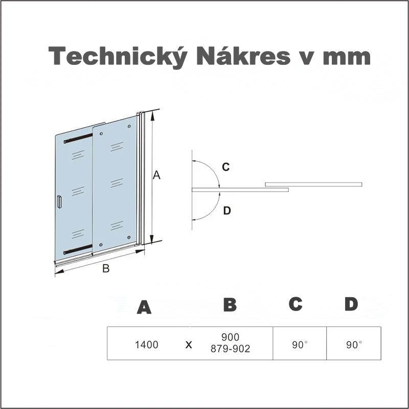 Sklopná vaňová zástena chróm 90x140 cm, 6mm číre bezpečnostné sklo, moderný dizajn do kúpeľne