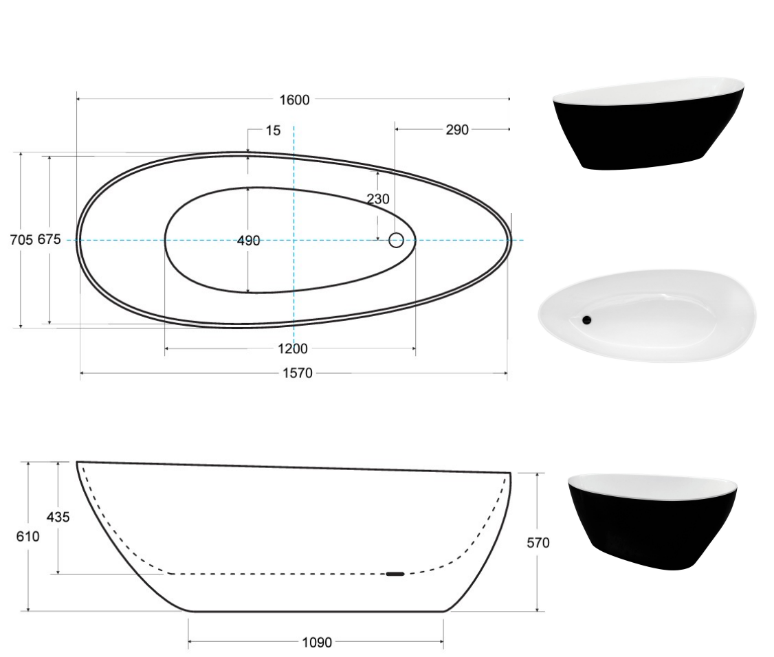 Voľne stojaca čierna mramorová vaňa 160 cm - čierna vonkajšia a biela vnútorná | Luxusná oválna vaňa z liateho mramoru Minerál DuraBe® | Vysoká nosnosť 300 kg | Moderná dizajnová vaňa do kúpeľne | Odolná voči škvrnám a škrabancom | Nenáročná údržba | Záruka 10 rokov | Doprava zdarma