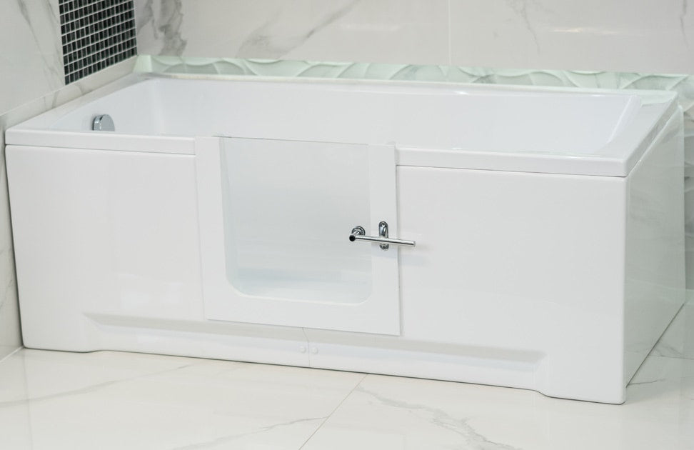Bezbariérová akrylátová vaňa s posuvnými dvierkami – biela obdĺžniková vana pre seniorov (170x70cm), bezpečný bočný vstup, ergonomický dizajn, odolný tvrdený akrylát, panelové kryty, prepadový odtok