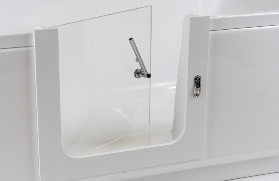 Bezbariérová akrylátová vaňa s posuvnými dvierkami – biela obdĺžniková vana pre seniorov (170x70cm), bezpečný bočný vstup, ergonomický dizajn, odolný tvrdený akrylát, panelové kryty, prepadový odtok