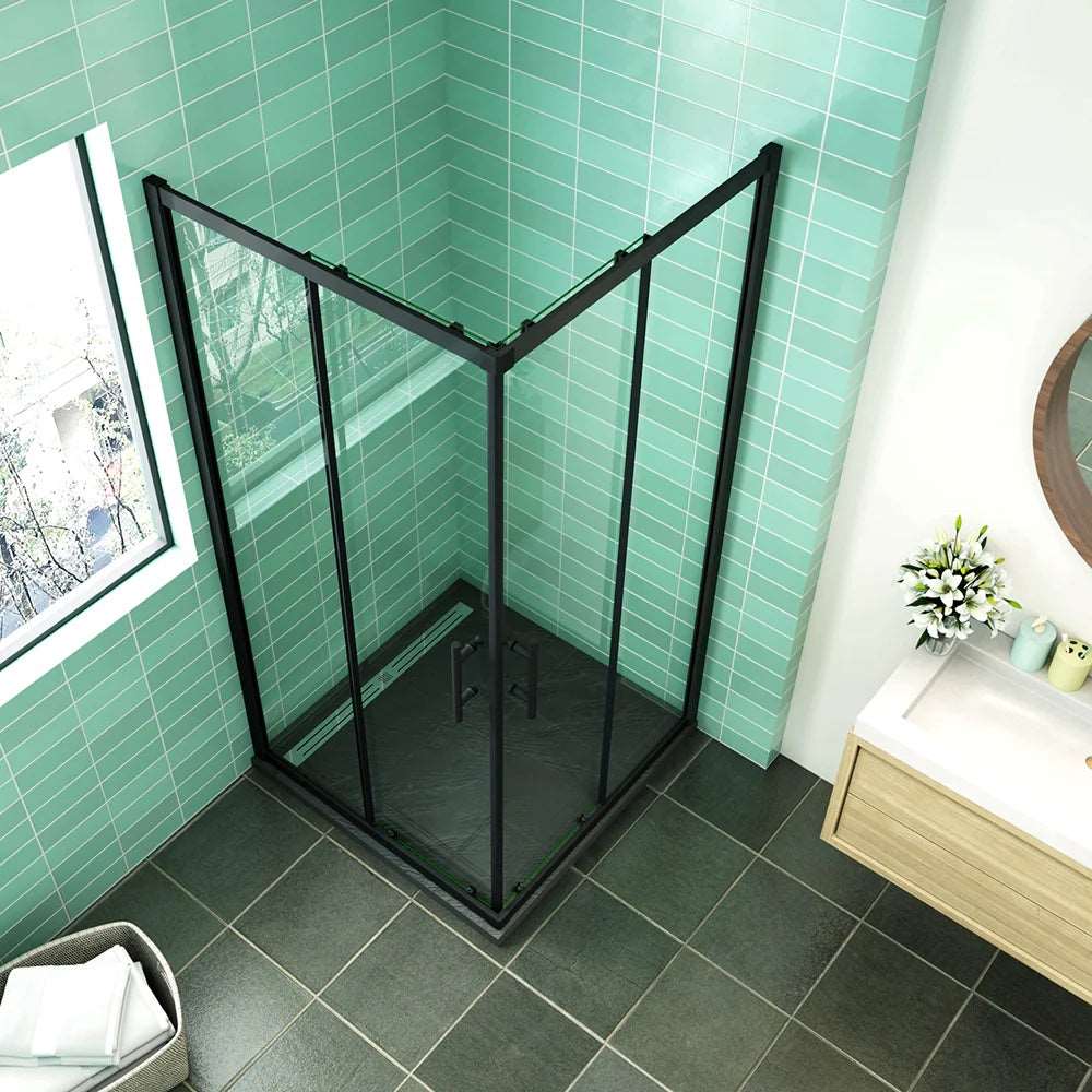 Sprchový kút 90x90 cm čierny s posuvnými dverami, NANO sklo, moderný dizajn do kúpeľne