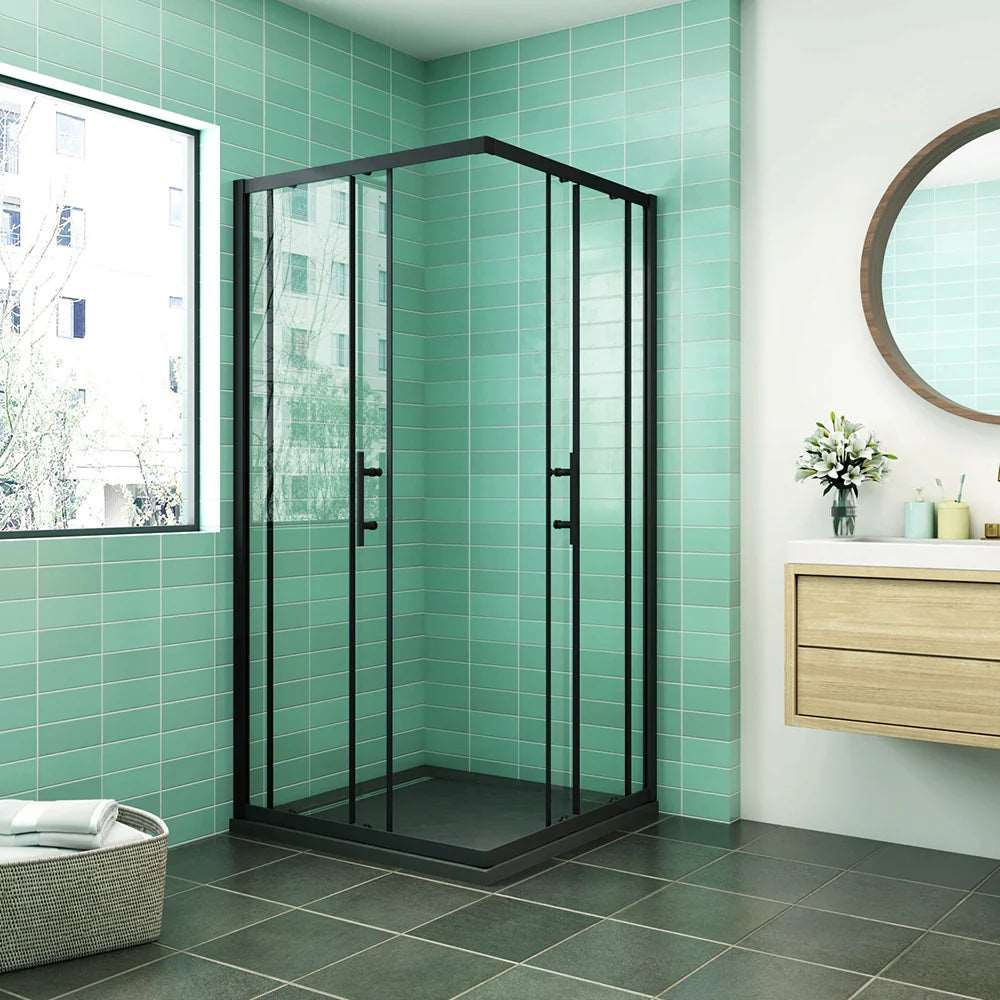 Sprchový kút 90x90 cm čierny s posuvnými dverami, NANO sklo, moderný dizajn do kúpeľne