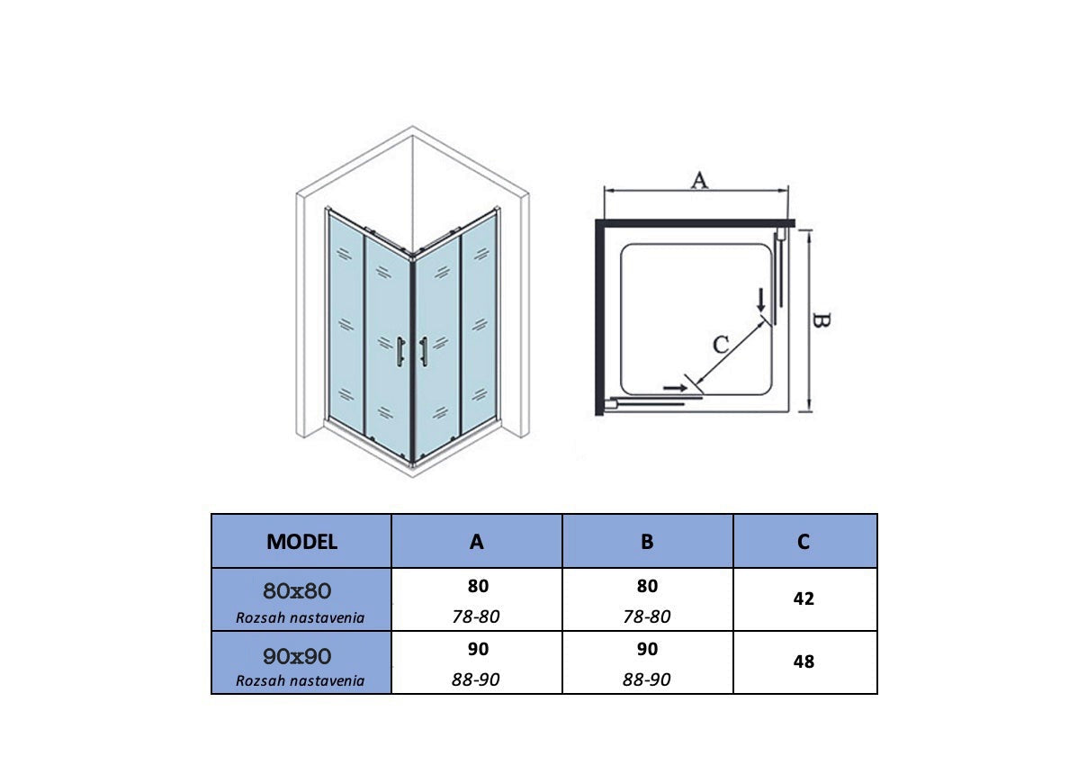 Sprchový kút 90x90 cm čierny s posuvnými dverami, NANO sklo, moderný dizajn do kúpeľne