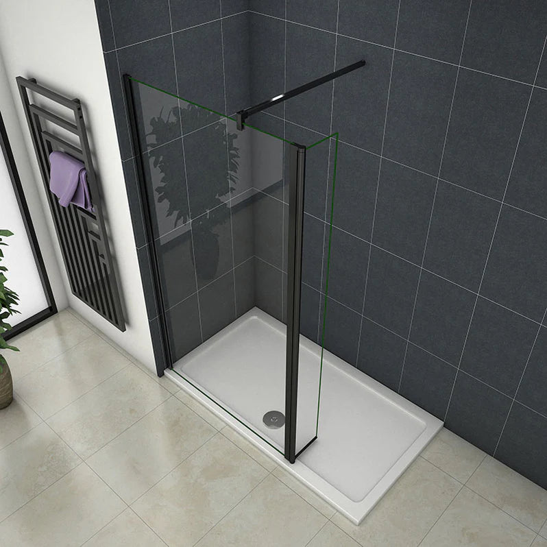 Sprchová zástena walk-in čierna s 8mm NANO čírym sklom, otočný panel 40cm, moderný dizajn, vhodná pre rôzne rozmery od 50 do 160 cm, univerzálna montáž na ľavú/pravú stranu, leštený hliníkový profil odolný voči korózii