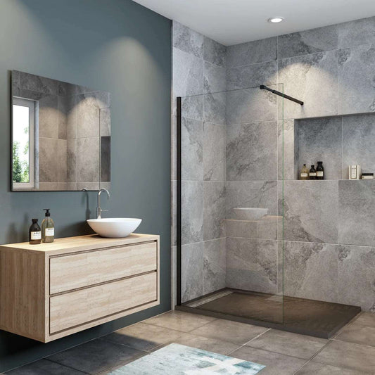 sprchový kút walk in sklo: bezpečné NANO číre sklo - pohľad z predu vzpera F-084B