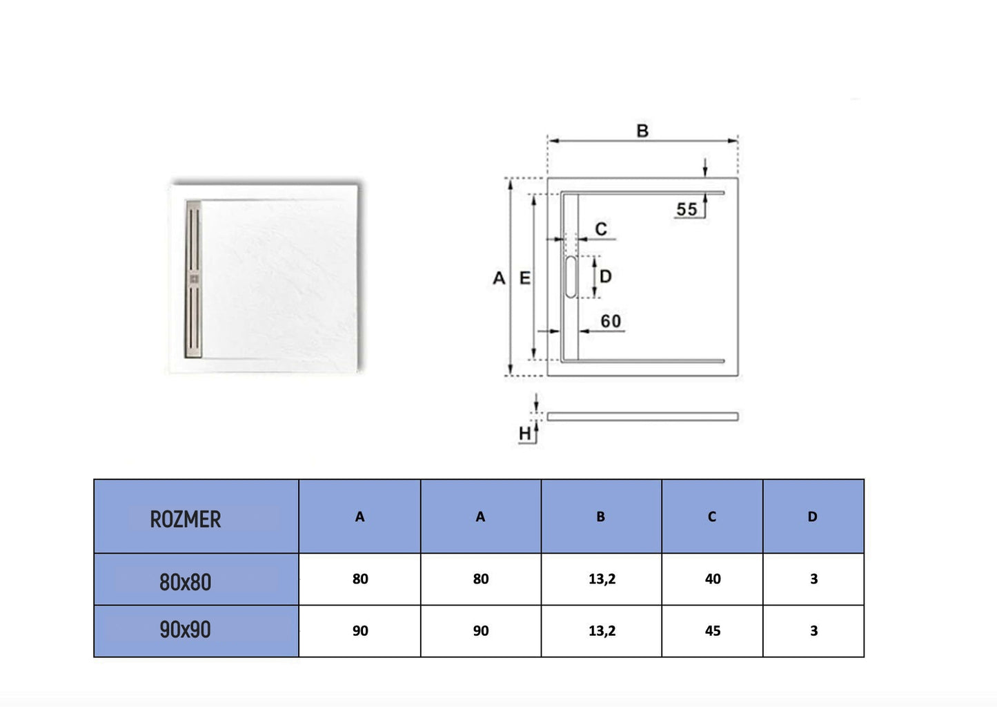 AICA Štvorcová sprchová vanička FGR-S, biela, s efektom kameňa, sprchová vanička do sprchovacieho kúta, Výška 3cm