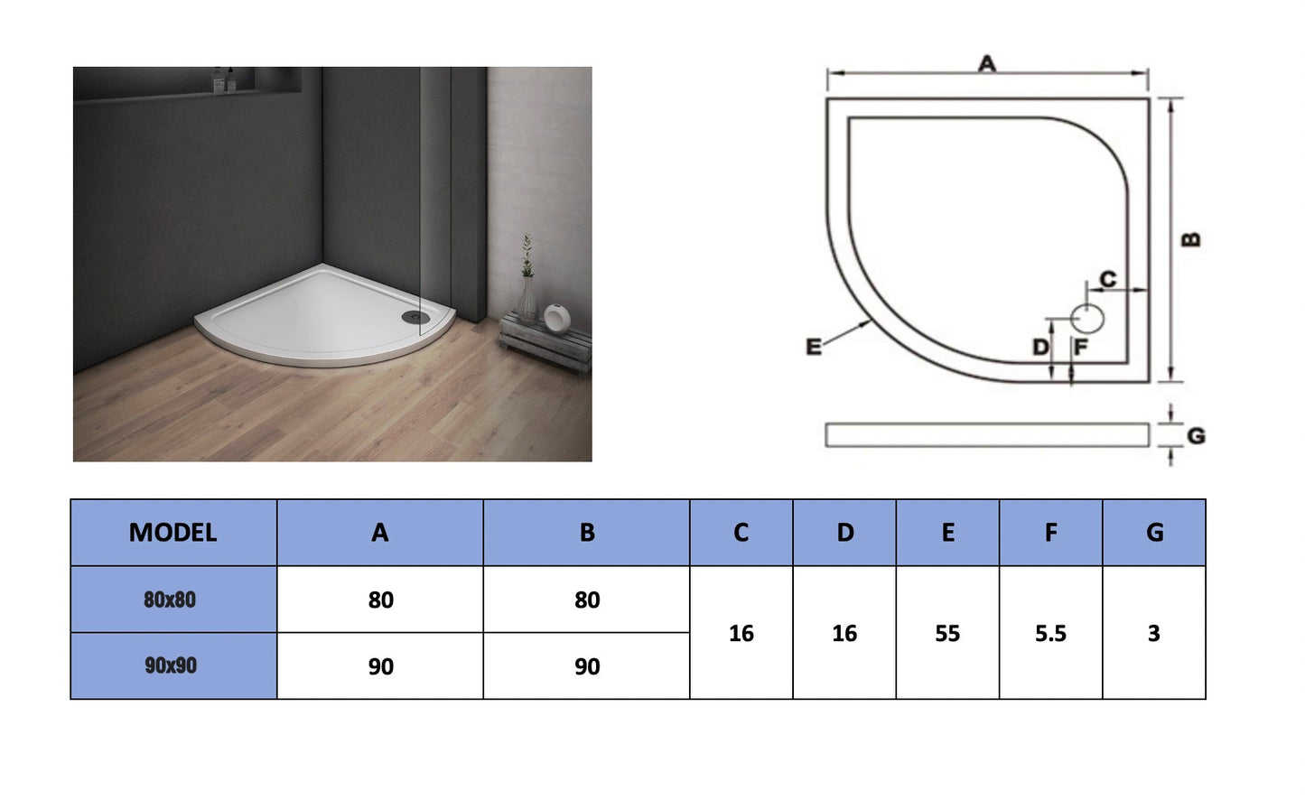 Štvrťkruhová sprchová vanička, umelý kameň s povrchom GelCoat, Výška 3cm