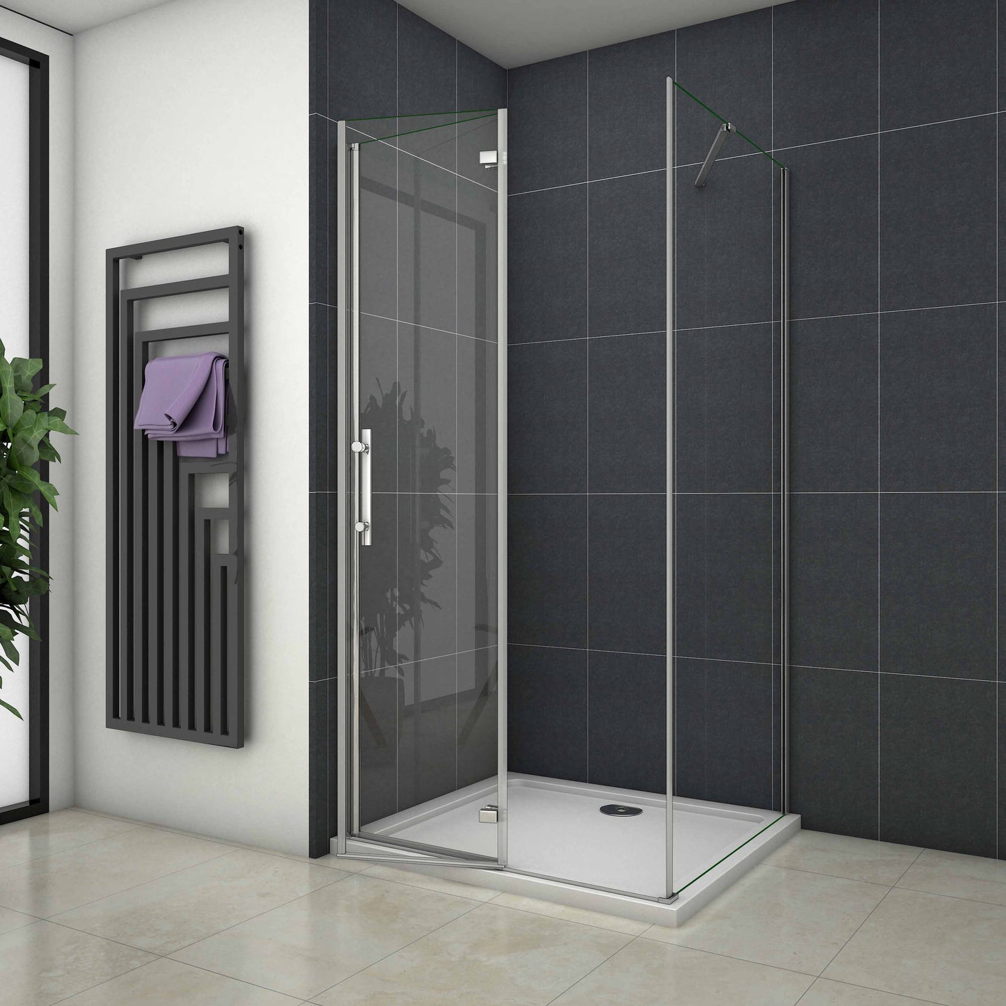 Štvorcový sprchový kút HPK-2E-WAP-S s bočnou stenou, zalamovacími dverami, 6mm NANO číre sklo, chrómový profil, výška 185cm, veľkosť 70-100cm.