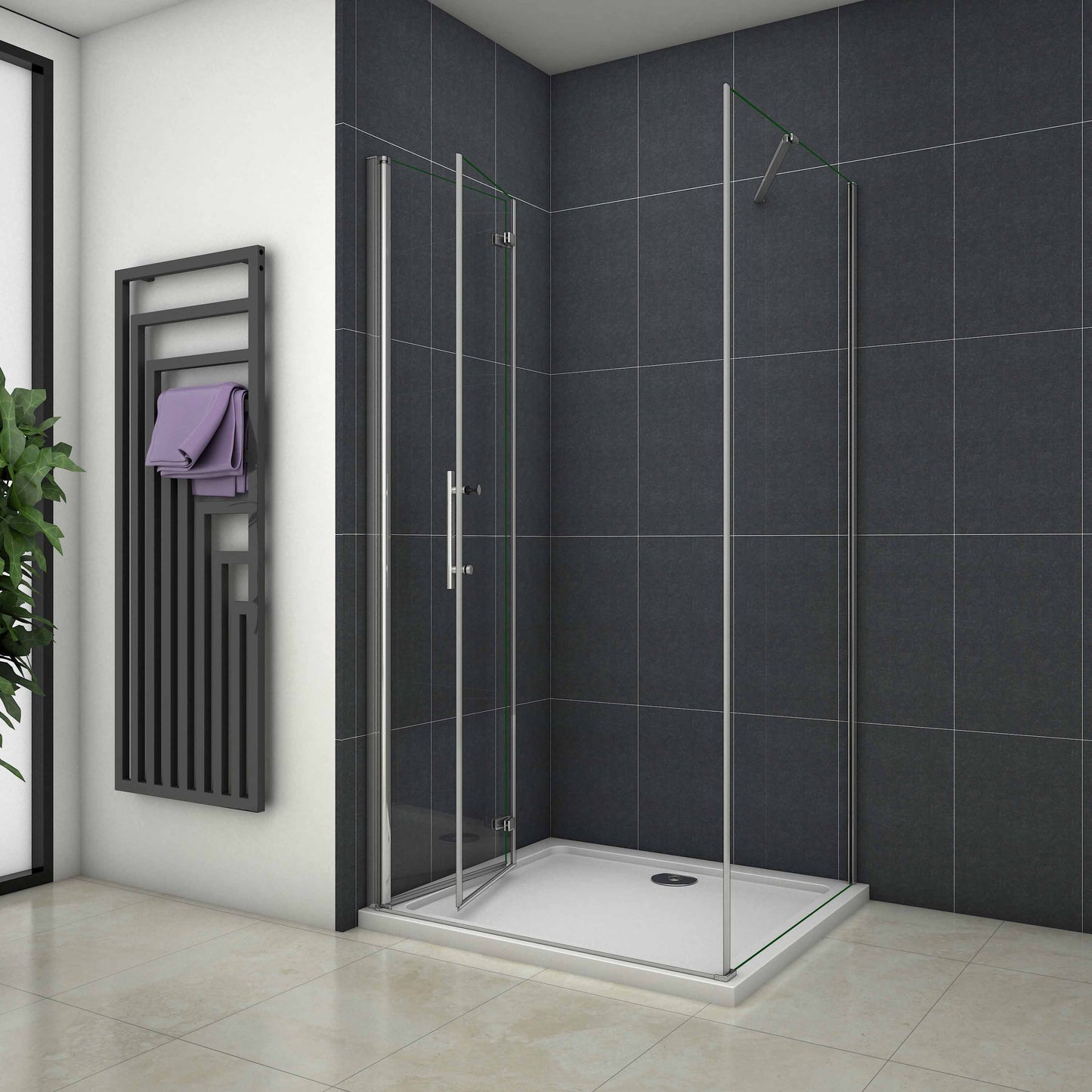 Štvorcový sprchový kút HPK-2E-WAP-S s bočnou stenou, zalamovacími dverami, 6mm NANO číre sklo, chrómový profil, výška 185cm, veľkosť 70-100cm.