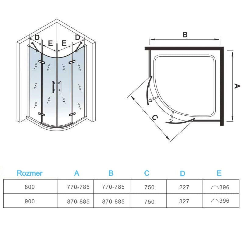 AICA štvrťkruhový sprchový kút s čiernym rámom a NANO sklom, jednokrídlové dvere, bezpečnostné sklo, elegantný dizajn pre moderné kúpeľne
