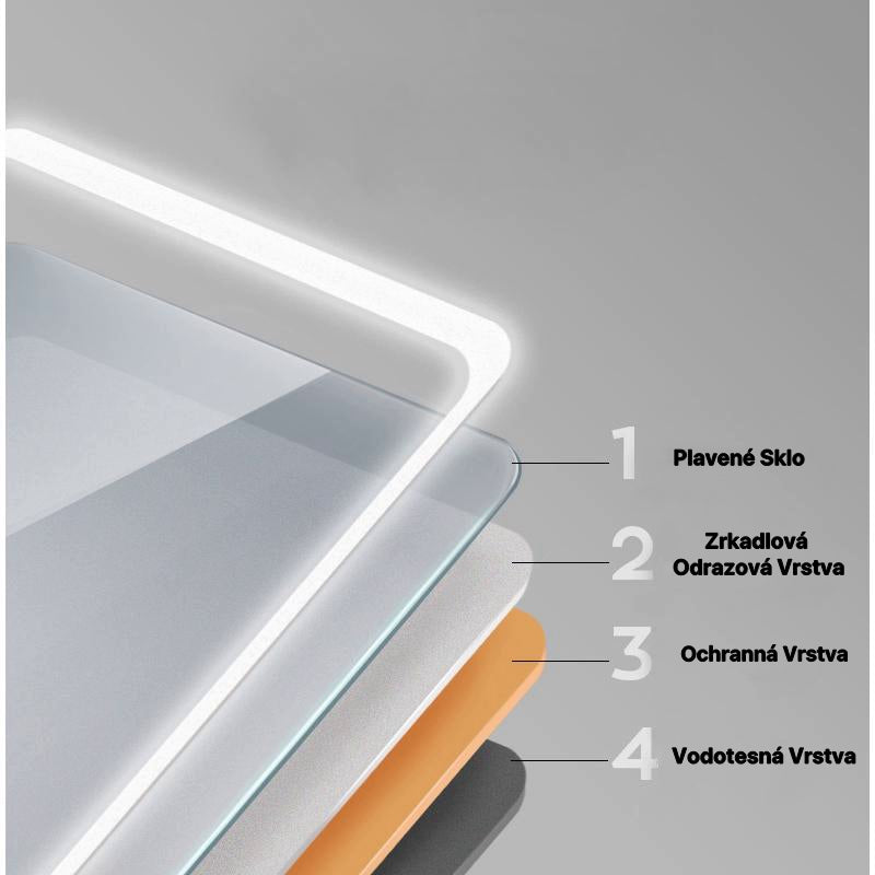 Moderné LED kúpeľňové zrkadlo s vyhrievaním, dotykovým spínačom a studeným bielym osvetlením (6000K), ideálne pre vertikálnu alebo horizontálnu montáž, dostupné v rôznych veľkostiach.
