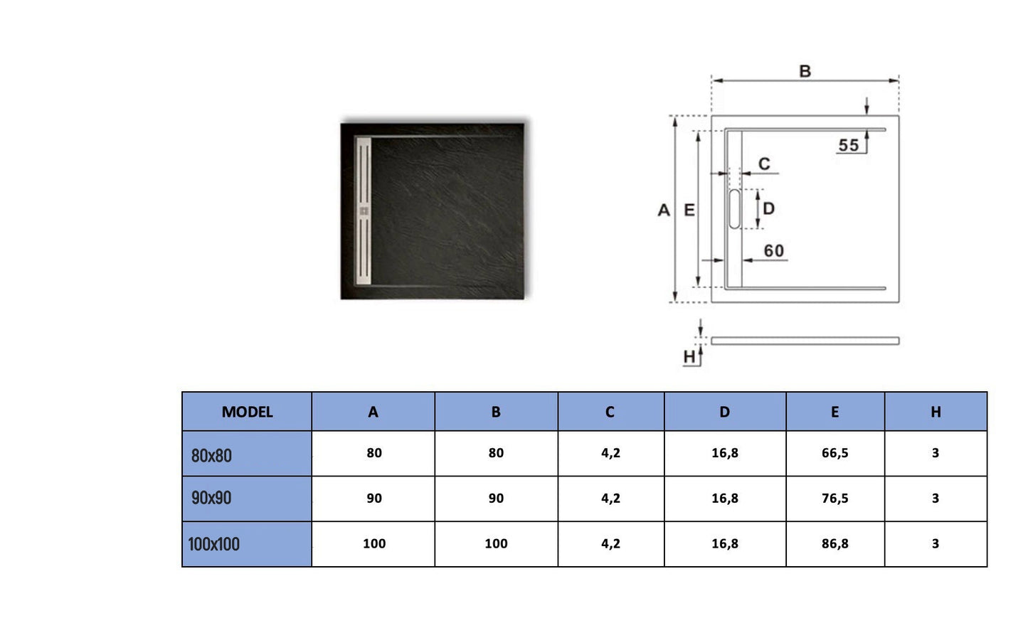 Sprchová vanička s prírodným vzhľadom v čiernej farbe, protišmykový povrch a elegantný design, ideálna na inštaláciu na úrovni podlahy