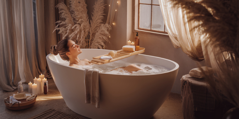 Luxusná kúpeľňa s voľne stojacou vaňou, relaxačným kúpeľom a atmosférickým osvetlením. Moderný kúpeľňový dizajn s wellness prvkami pre dokonalý oddych. Ideálne riešenie pre elegantné a štýlové kúpeľne.