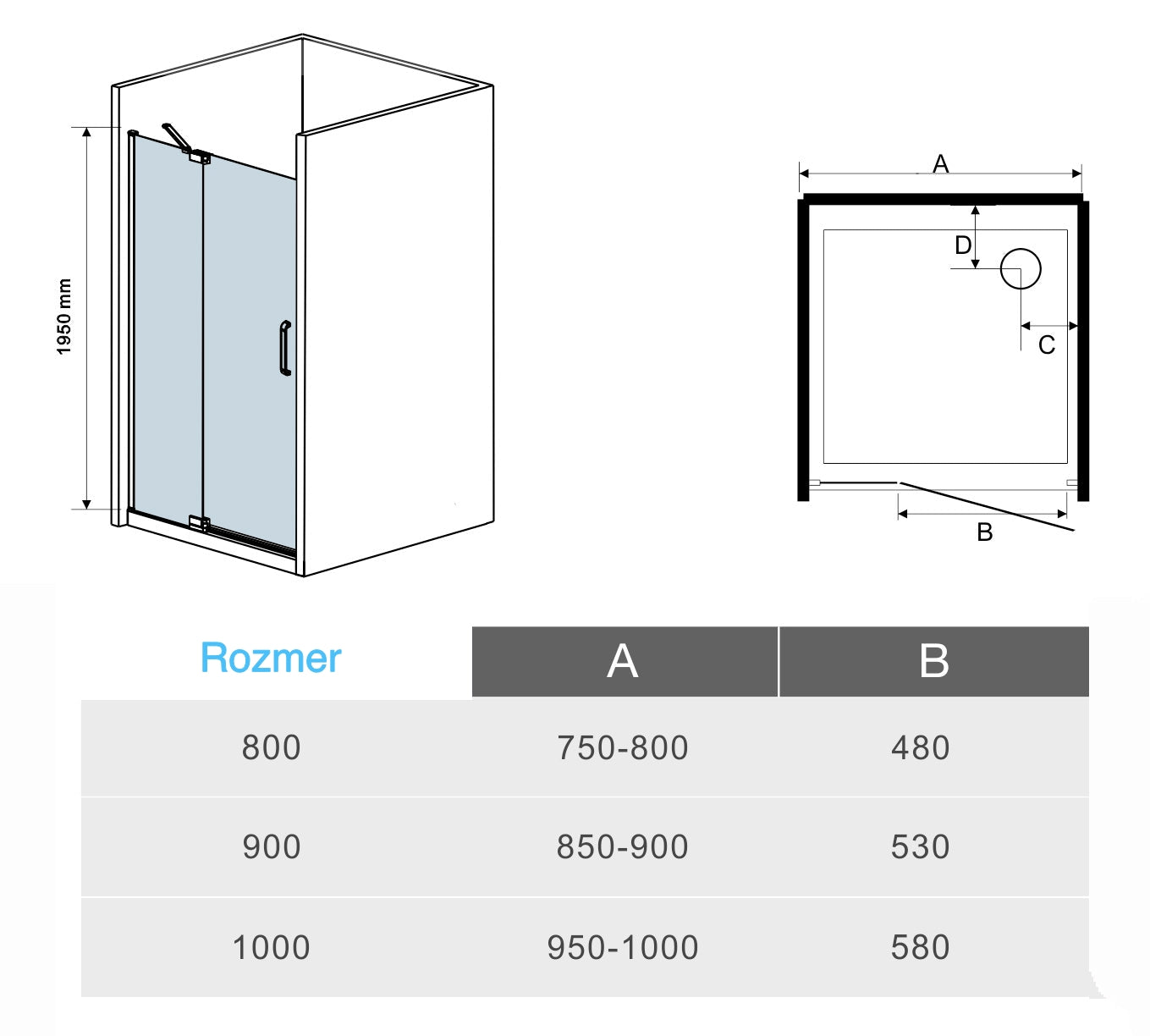 Sprchové dvere do niky 80-100 cm s 8mm NANO čírym sklom a chrómovým hliníkovým profilom, jednokrídlové sprchové dvere, výška 195 cm, univerzálna montáž