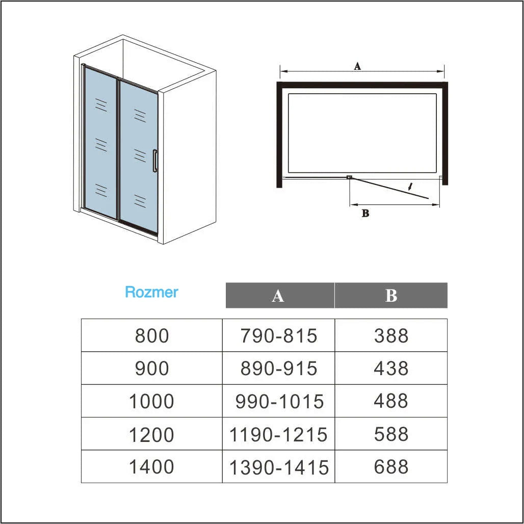 Sprchové dvere do niky, jednokrídlové, veľkosti 80-140 cm, čierny matný hliníkový profil, 6mm NANO číre sklo, univerzálna montáž, výška 185 cm