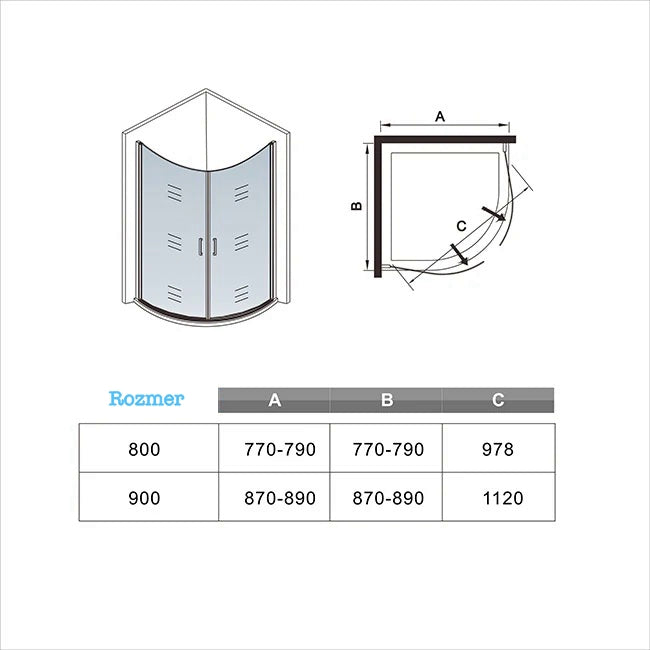 Sprchový kút štvrťkruhový PHXDE-95, jednokrídlové dvere, 6mm NANO sklo, Výška 195 cm