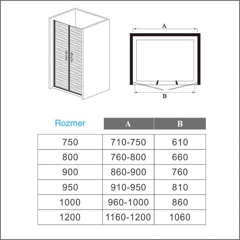 Dvojkrídlové sprchové dvere z matného 6mm NANO skla s Anti-Explosion fóliou, výška 195 cm, univerzálna montáž, chrómový rám