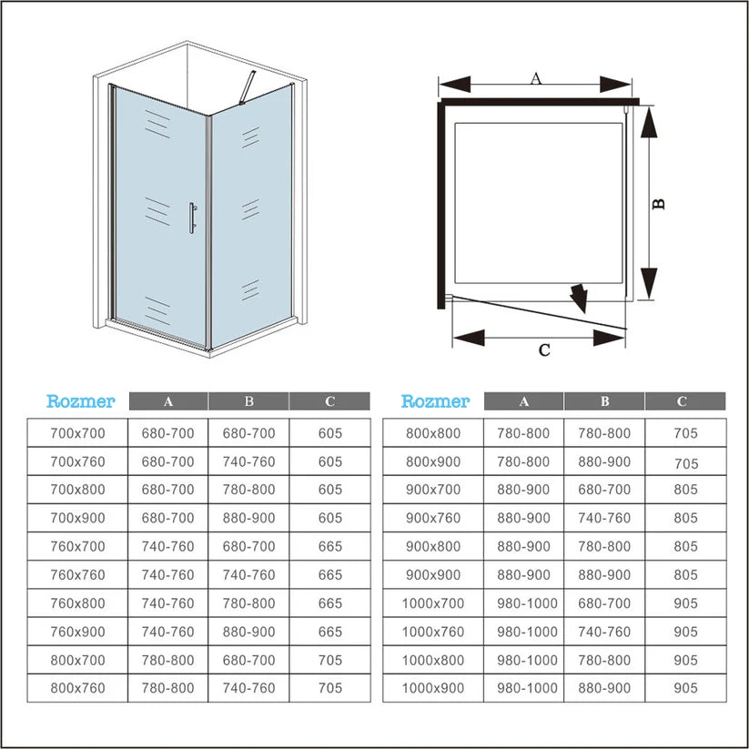 Štvorcový sprchový kút 90x90 s jednokrídlovými dverami, bočný panel, 6mm NANO sklo, chrómová konštrukcia, výška 195 cm