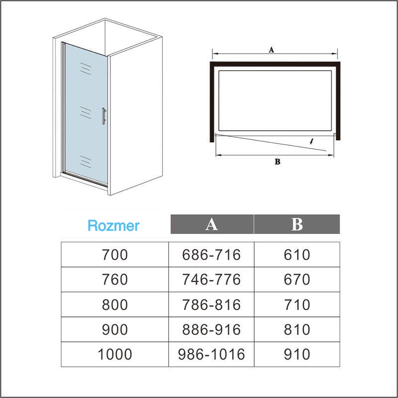 Sprchove dvere jednokrídlové, sprchový kút, 6mm nano sklo, Výška 185cm.
