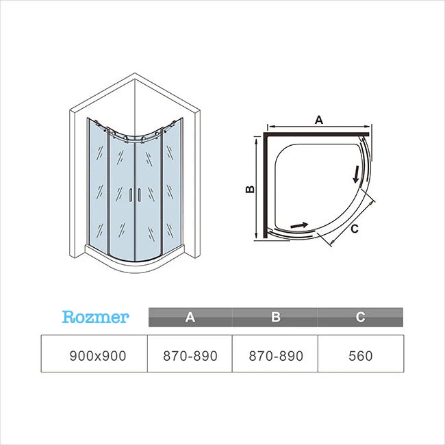 Sprchový kút štvrťkruhový, 90x90cm posuvné dvere, 6mm NANO sklo, Výška 195cm