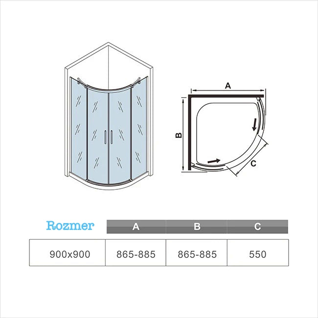 Štvrťkruhový sprchový kút 90x90 s posuvnými dverami, 6mm NANO číre sklo, chrómový profil, výška 195cm, moderný dizajn do kúpeľne.
