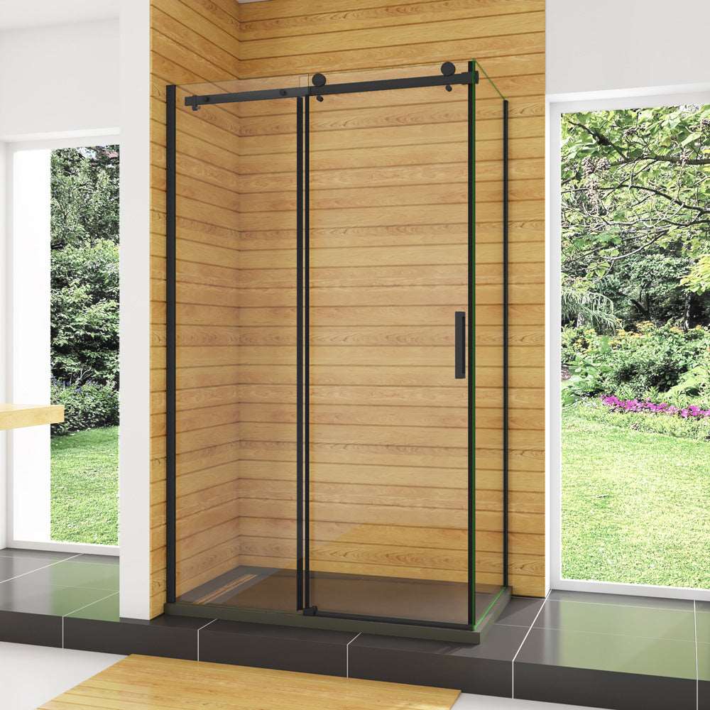 Obdĺžnikový sprchový kút s posuvnými dverami, NANO sklo 8mm, čierny rám, bočný panel, rozmer od 100-140 cm, výška 200 cm