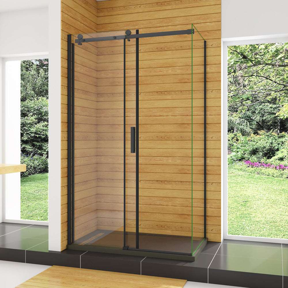 Obdĺžnikový sprchový kút s posuvnými dverami, NANO sklo 8mm, čierny rám, bočný panel, rozmer od 100-140 cm, výška 200 cm