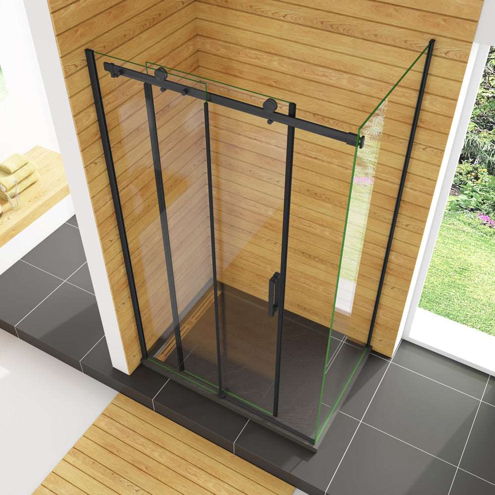 Obdĺžnikový sprchový kút s posuvnými dverami, NANO sklo 8mm, čierny rám, bočný panel, rozmer od 100-140 cm, výška 200 cm