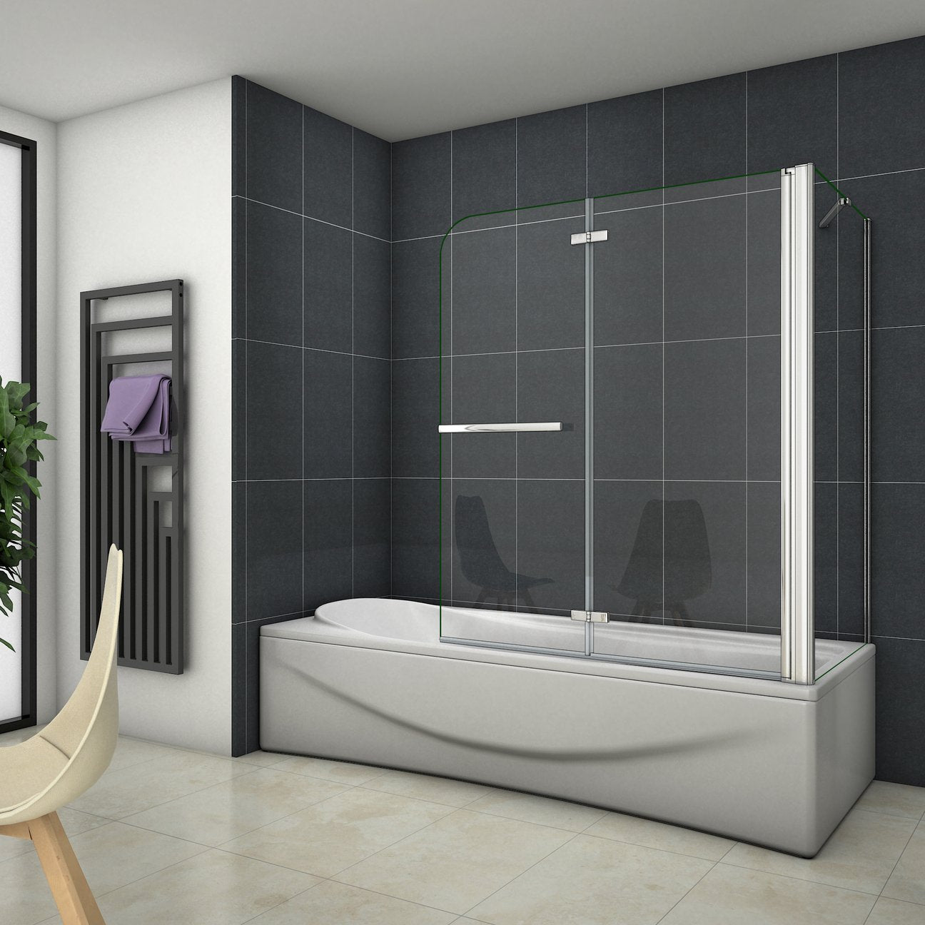 Sklopná vaňová zástena chrómová s bočným panelom, 6mm NANO číre sklo, vešiak na uterák, výška 140cm, 2-dielna, moderný dizajn do kúpeľne.