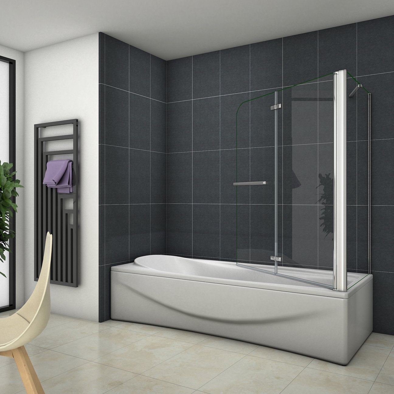 Sklopná vaňová zástena chrómová s bočným panelom, 6mm NANO číre sklo, vešiak na uterák, výška 140cm, 2-dielna, moderný dizajn do kúpeľne.