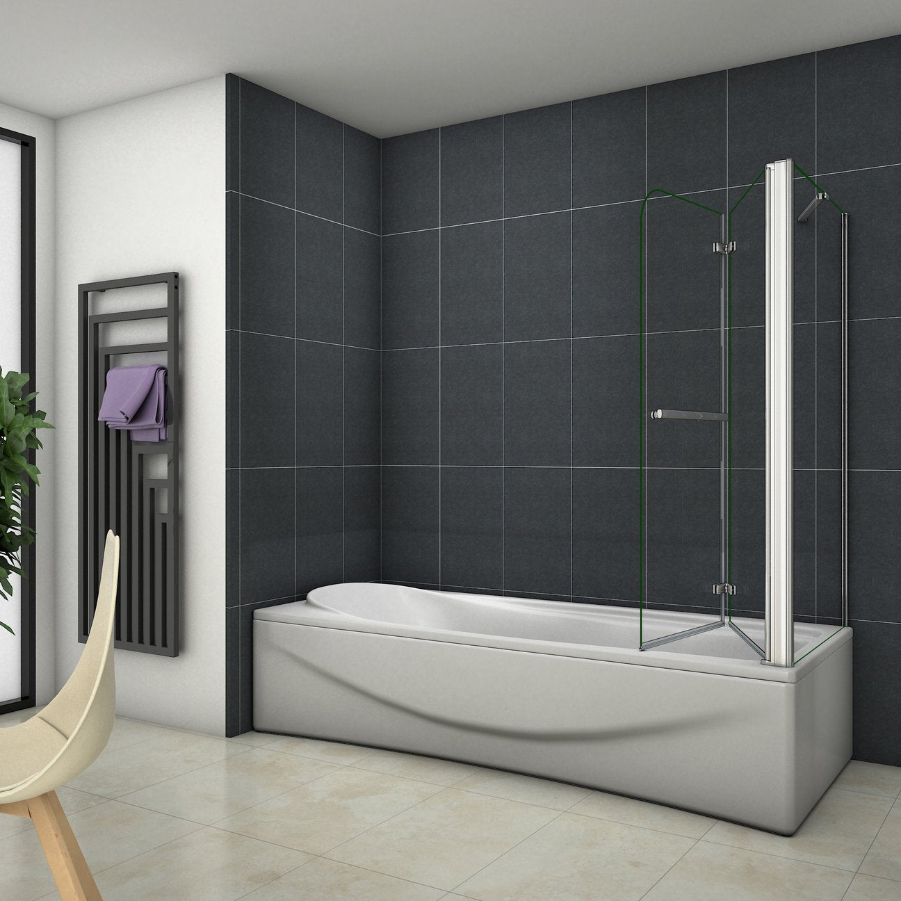 Sklopná vaňová zástena chrómová s bočným panelom, 6mm NANO číre sklo, vešiak na uterák, výška 140cm, 2-dielna, moderný dizajn do kúpeľne.