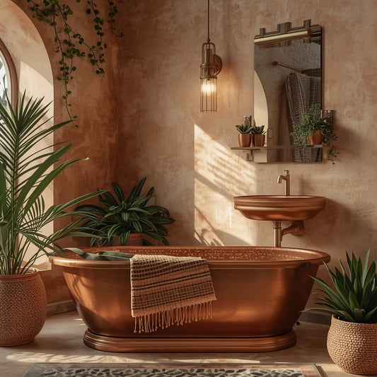 Kúpeľna s mosadznou vaňou, umývadlom, zrkadlom a rastlinami