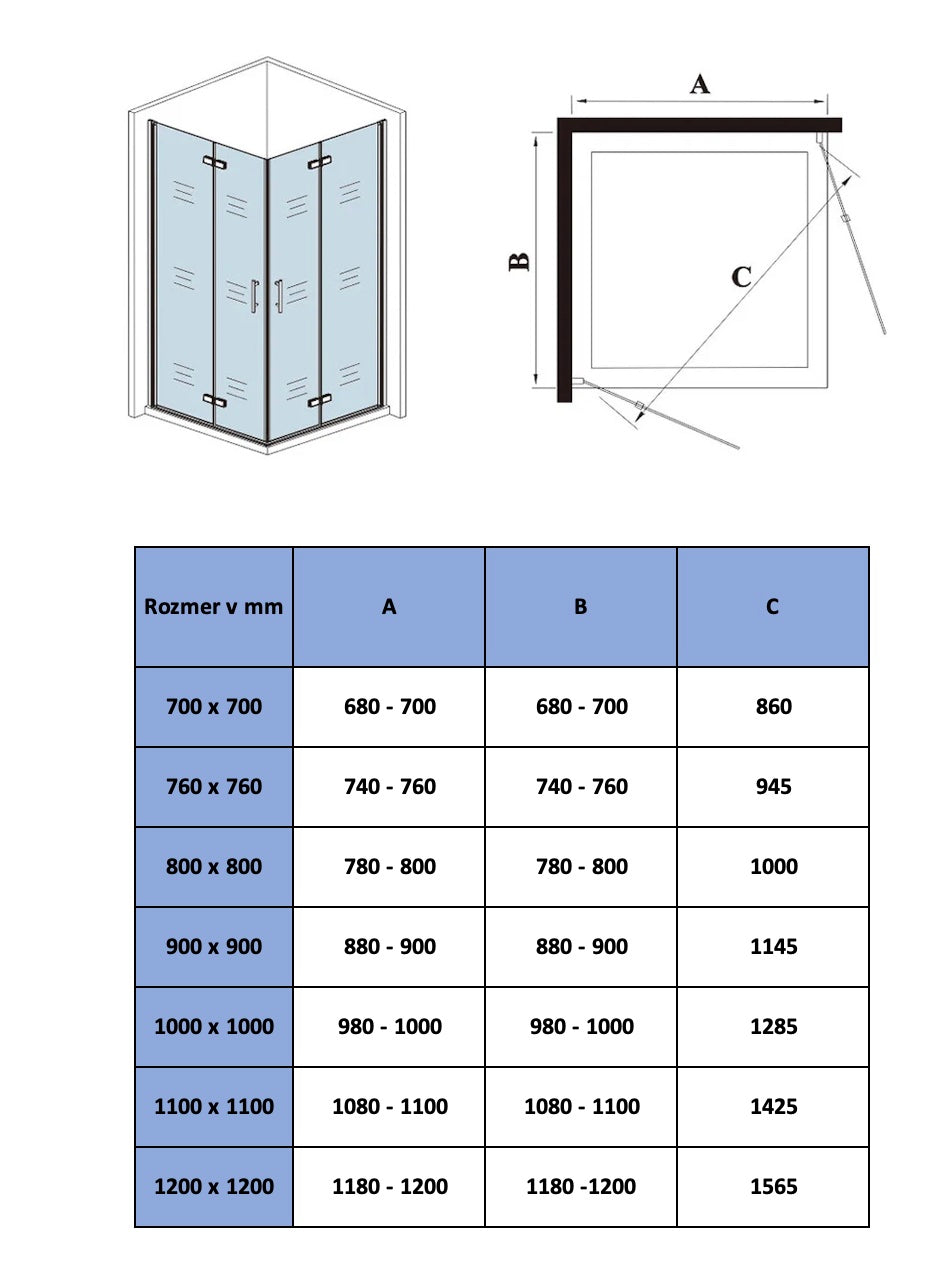 AICA Sprchový kút štvorcový 2HPKB-2E-95-S, sprchové dvere zalamovacie, čierne, veľkosť od 70-120cm, 6mm NANO sklo, Výška 195cm