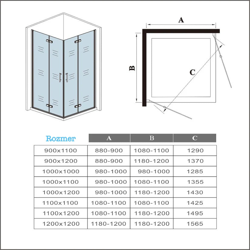 AICA Sprchový kút obdĺžnikový 2HPK-2E-95-R,  sprchové dvere zalamovacie, veľkosť od 70-120cm, 6mm NANO sklo, Výška 195cm