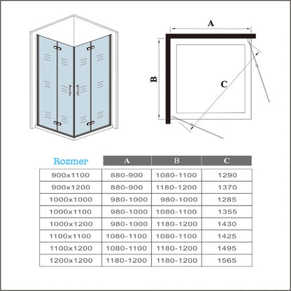 AICA Sprchový kút obdĺžnikový 2HPK-2E-95-R,  sprchové dvere zalamovacie, veľkosť od 70-120cm, 6mm NANO sklo, Výška 195cm