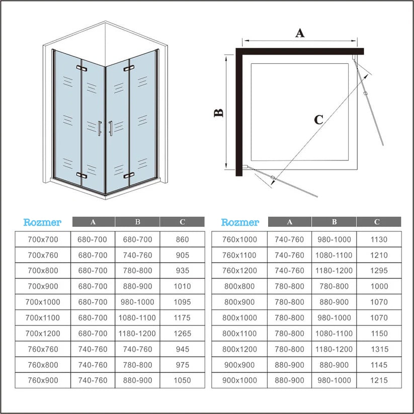 AICA Sprchový kút obdĺžnikový 2HPK-2E-95-R,  sprchové dvere zalamovacie, veľkosť od 70-120cm, 6mm NANO sklo, Výška 195cm