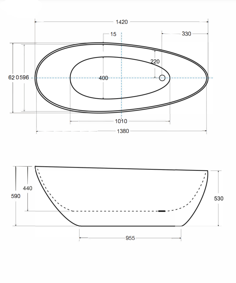 Voľne stojaca mramorová vaňa 142x62x59 cm, čierno-biela, vyrobená z liateho mramoru Minerál DuraBe®, s chrómovým sifónom a nastaviteľnými nohami.