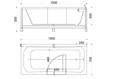 Bezbariérová akrylátová vana s dvierkami 150x70 cm - biela vana pre seniorov s bezpečnostnými dverami, odtokom a nastaviteľnými nožičkami