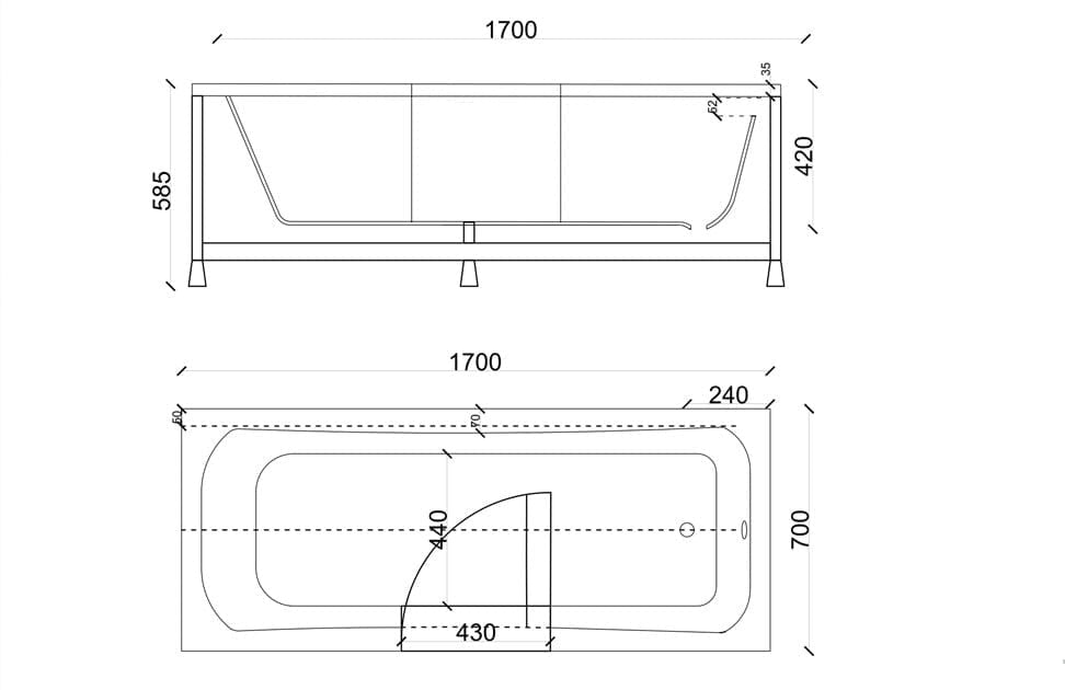 Bezbariérová akrylátová vaňa s posuvnými dvierkami – biela obdĺžniková vana pre seniorov (170x70cm), bezpečný bočný vstup, ergonomický dizajn, odolný tvrdený akrylát, panelové kryty, prepadový odtok