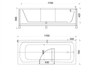 Bezbariérová akrylátová vaňa s posuvnými dvierkami – biela obdĺžniková vana pre seniorov (170x70cm), bezpečný bočný vstup, ergonomický dizajn, odolný tvrdený akrylát, panelové kryty, prepadový odtok